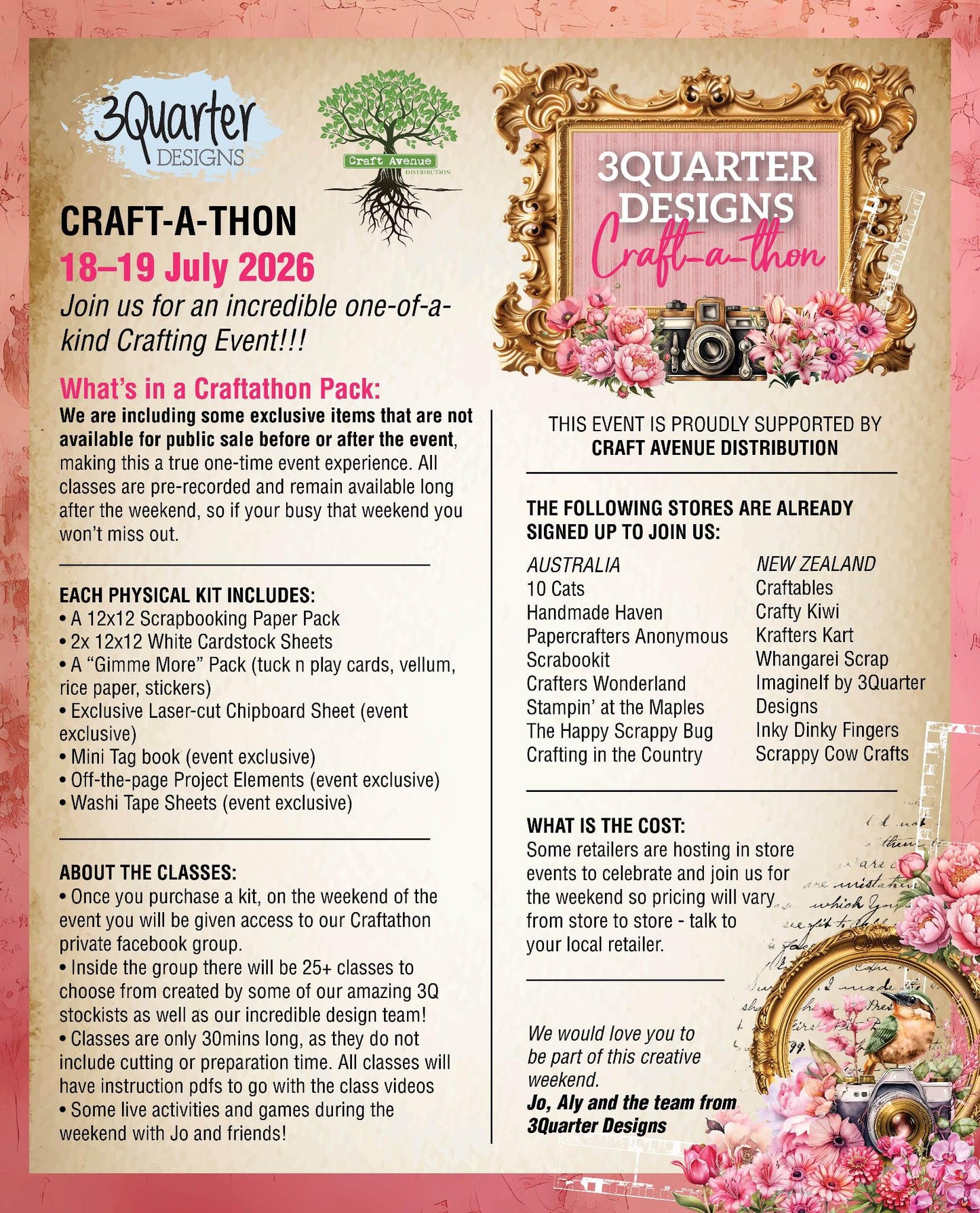 Promotional flyer for 3Quarter Designs Craft-a-thon event with details and support information.