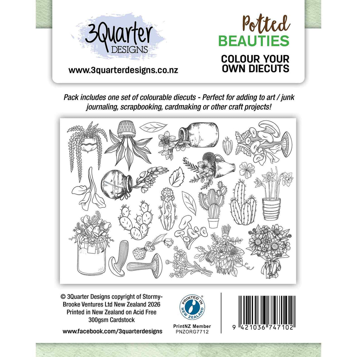 3Quarter Designs Potted Beauties Colour Your Own Diecuts featuring black-and-white potted plants, cacti, flowers in jars and vases, mushrooms and leaves