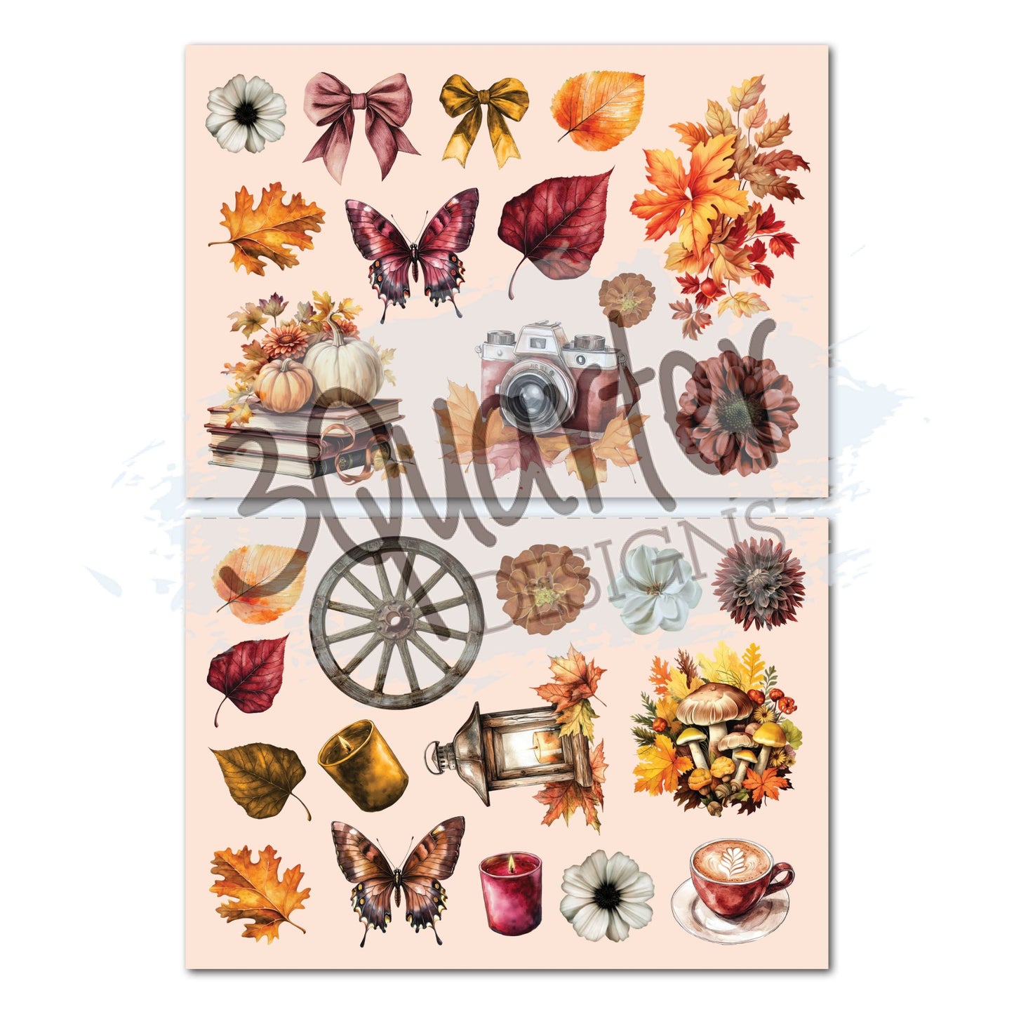 Autumn Whispers 8x8 Paper Pack die-cut sheets – two sheets featuring bows, butterflies, autumn leaves, wagon wheel, lantern, vintage camera, mushrooms, pumpkins, florals, candle and coffee cup
