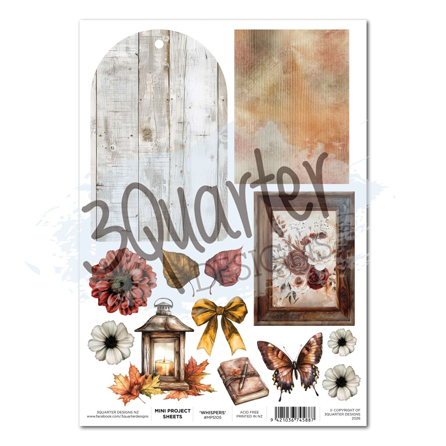 3Quarter Designs Autumn Whispers Mini Project Sheet showing arched timber tag, rust textured panel, framed floral artwork, dahlias, anemones, lantern, gold bow, journal, copper butterfly and autumn leaves