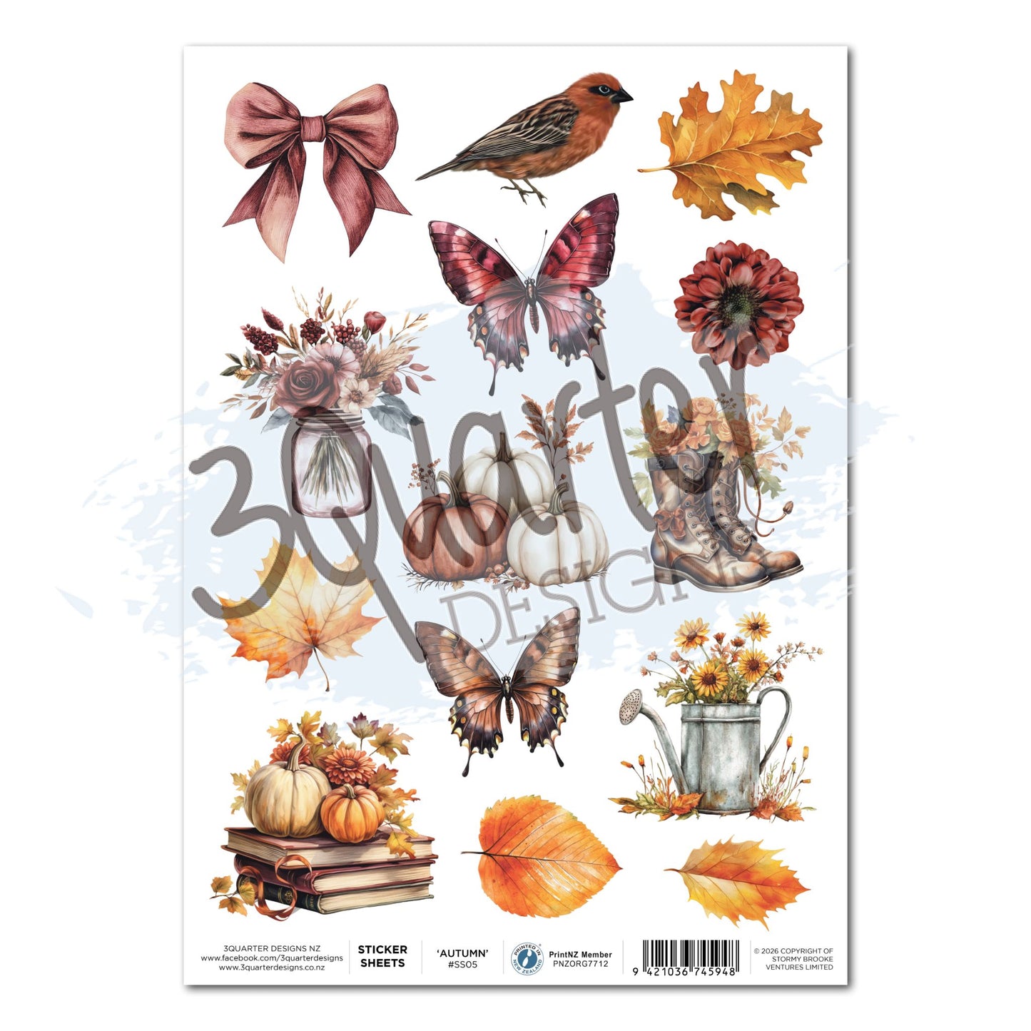 3Quarter Designs Autumn Whispers A4 sticker sheet showing autumn elements including pink bow, robin, butterflies, dahlia, mason jar florals, pumpkins, lace-up boots, books, watering can with sunflowers and autumn leaves