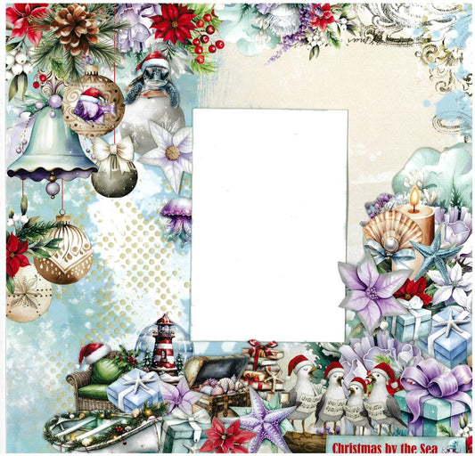 Christmas by the Sea scrapbook page – blank centre for photo or message, surrounded by ornaments, birds in Santa hats, seashells, candles, and a lighthouse snow globe.