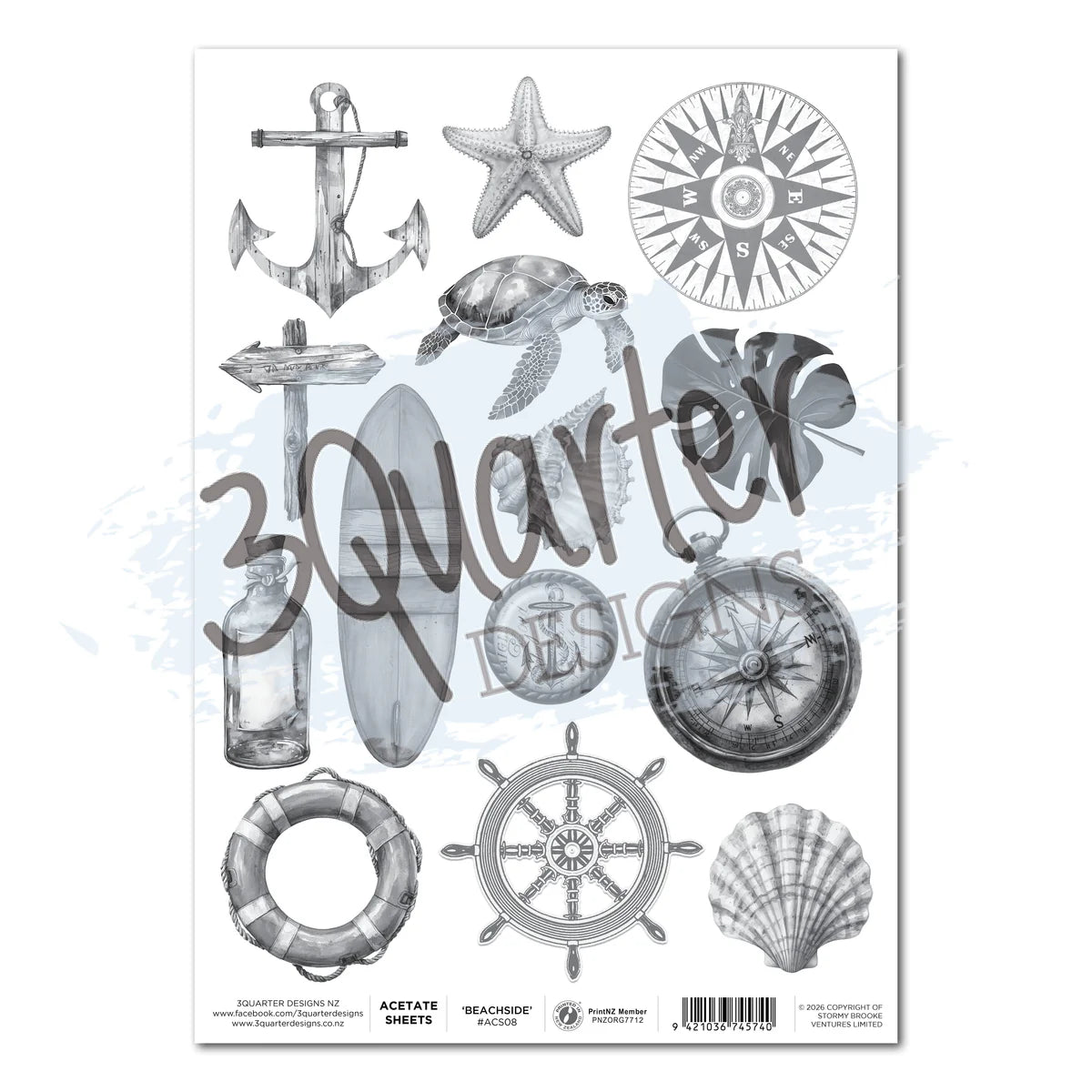 Beachside Life acetate sheet by 3Quarter Designs featuring nautical elements including anchor, compass, ship's wheel, sea turtle, starfish, seashell and life buoy in grey tones on clear A4 acetate