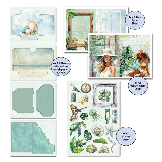 Beachside Life Gimme More pack contents showing A5 envelope pocket pages with shell and ocean designs, A5 rice paper with driftwood frame, A5 vellum sheet with beach ladies, and A5 sticker sheet with coastal embellishments