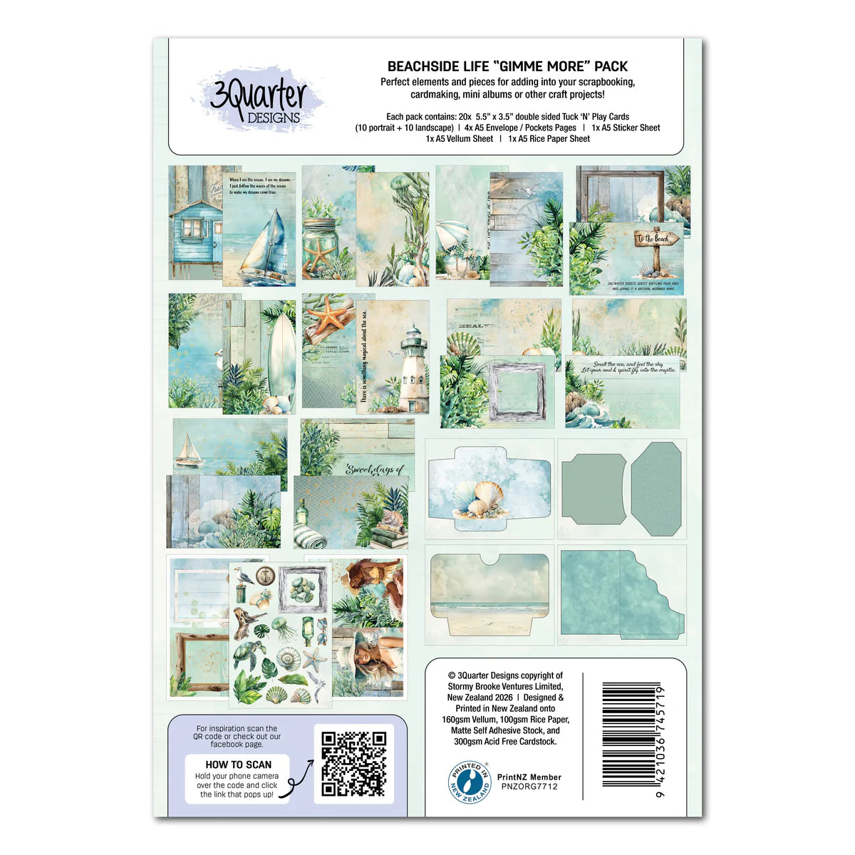 Reverse side of Beachside Life Gimme More pack showing all Tuck 'N' Play cards, envelope pages, and sheets with product specifications and QR code for design inspiration