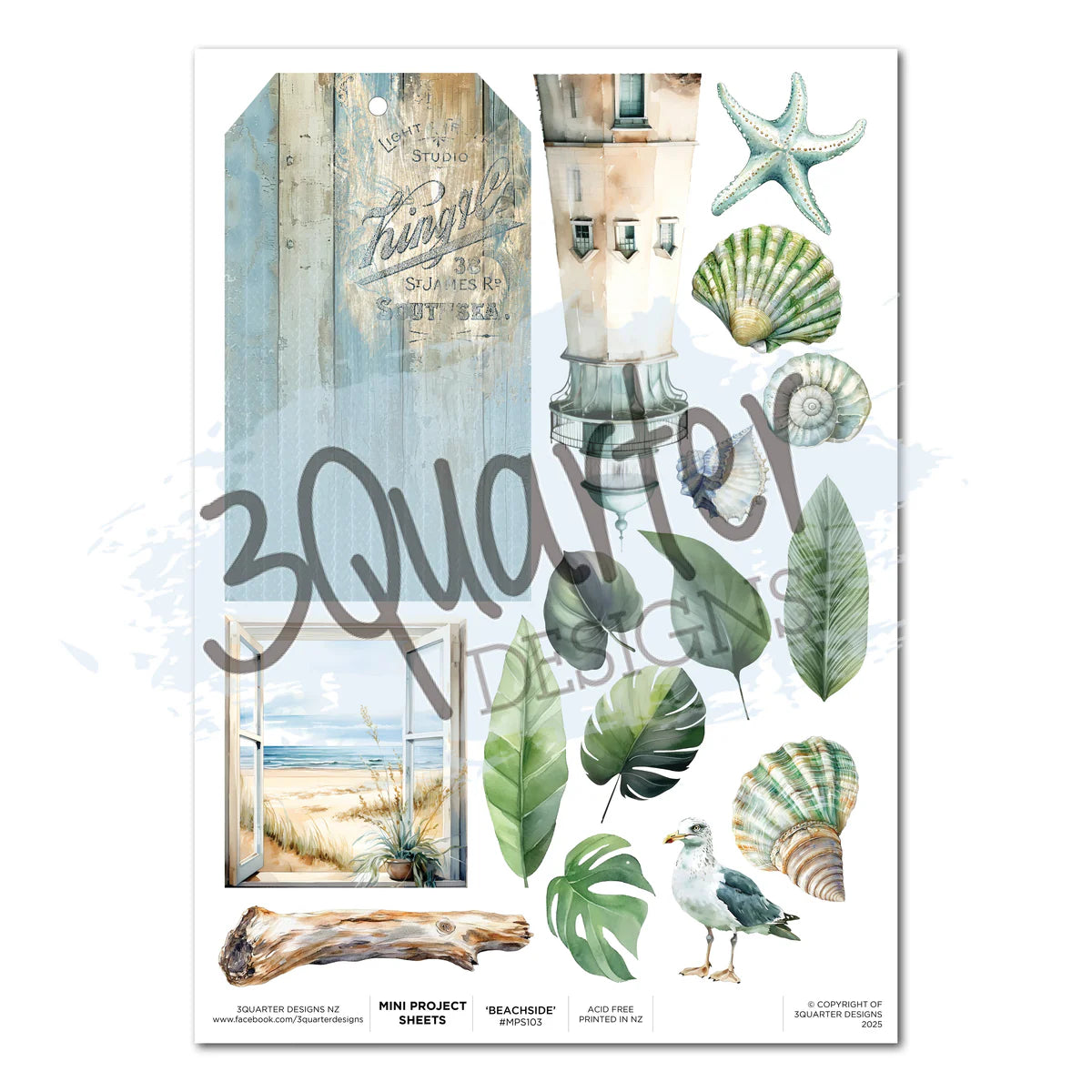 Beachside Life Mini Project Sheet by 3Quarter Designs featuring watercolour weathered timber tag, coastal lighthouse, starfish, scallop shell, nautilus shell, tropical monstera and palm leaves, ocean door scene, driftwood, seagull, and conch shell for fussy cutting