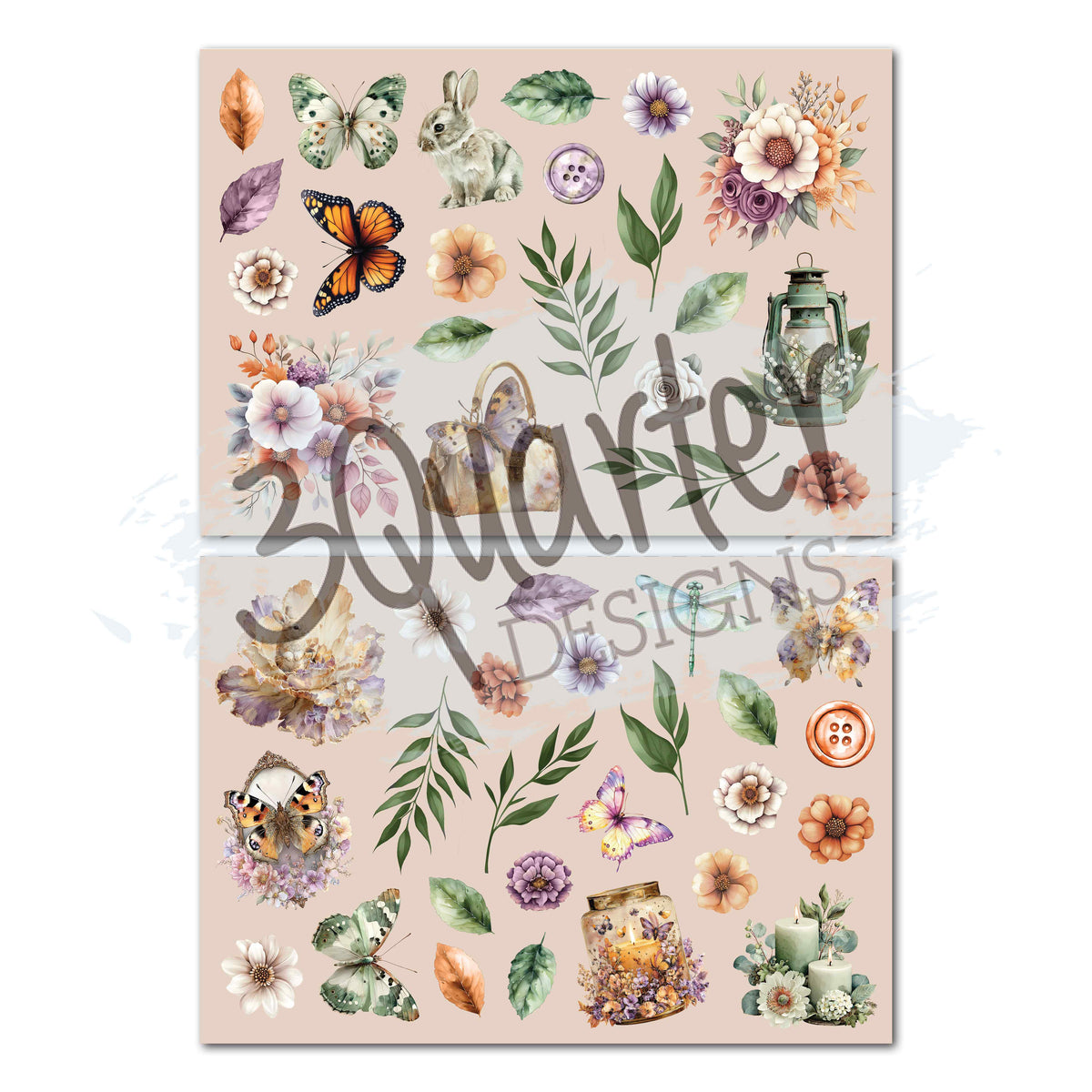 Butterfly Grove two die-cut sheets with butterflies, flowers, leaves, rabbit, lantern and garden details. Two sheets with a vintage botanical design, featuring butterflies, flowers, leaves, and small illustrations on a beige background. A large cursive '3 Quarter' watermark is overlaid across the center.