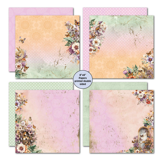 Butterfly Grove double-sided 8x8 papers with pastel floral corners, a bird’s nest and a garden door. Four floral paper sheets arranged in a 2x2 grid, each with a pastel background and decorative flowers, butterflies, and ornamental borders. A circular label in the center reads “8” x 8” Papers printed double sided.