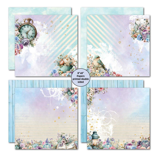 Cottage Reverie double-sided papers with pastel flowers, a pocket watch, a bird, an open book and a lantern.
