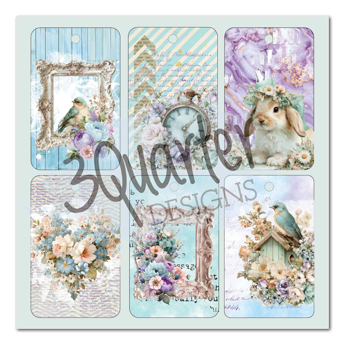 Six Cottage Reverie tags featuring pastel flowers, vintage frames, birds, a pocket watch and a flower-crowned rabbit.