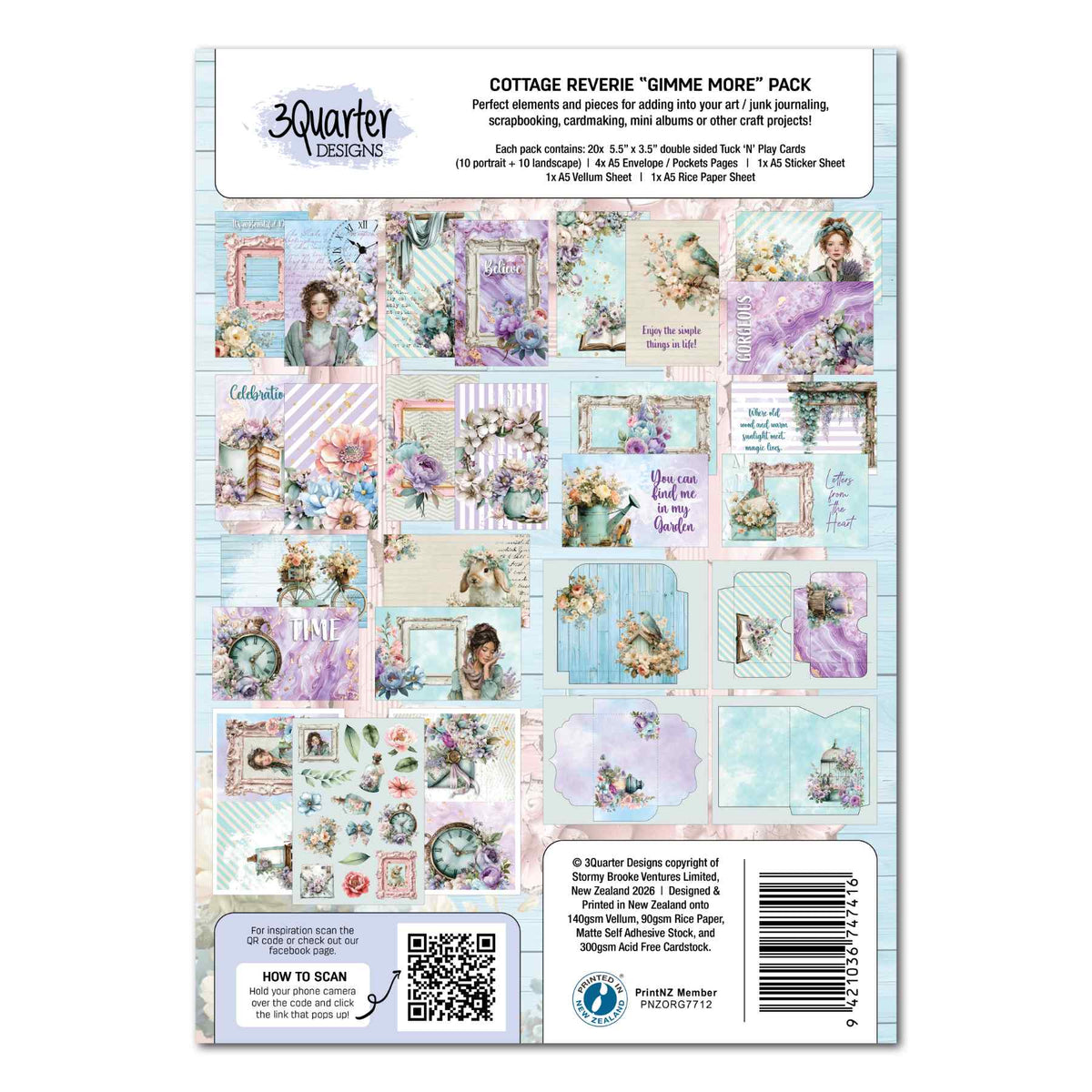 Cottage Reverie Gimme More back cover showing card designs, envelope and pocket sheets, stickers and specialty papers.