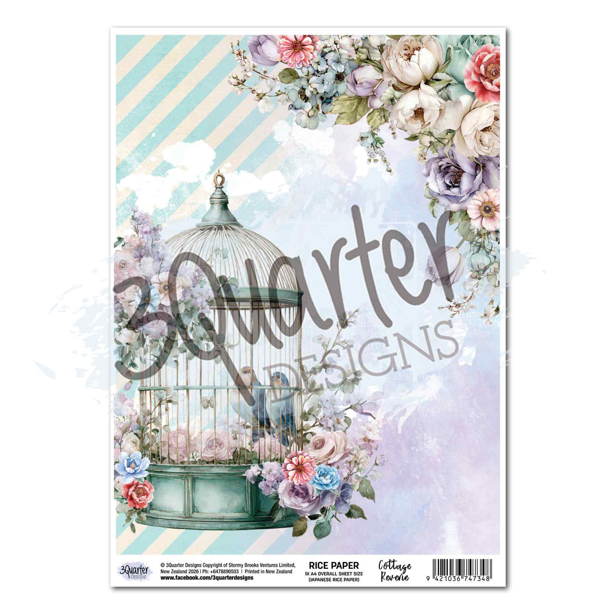 3Quarter Designs Cottage Reverie A4 rice paper with a floral birdcage, two birds, pastel flowers and aqua diagonal stripes.