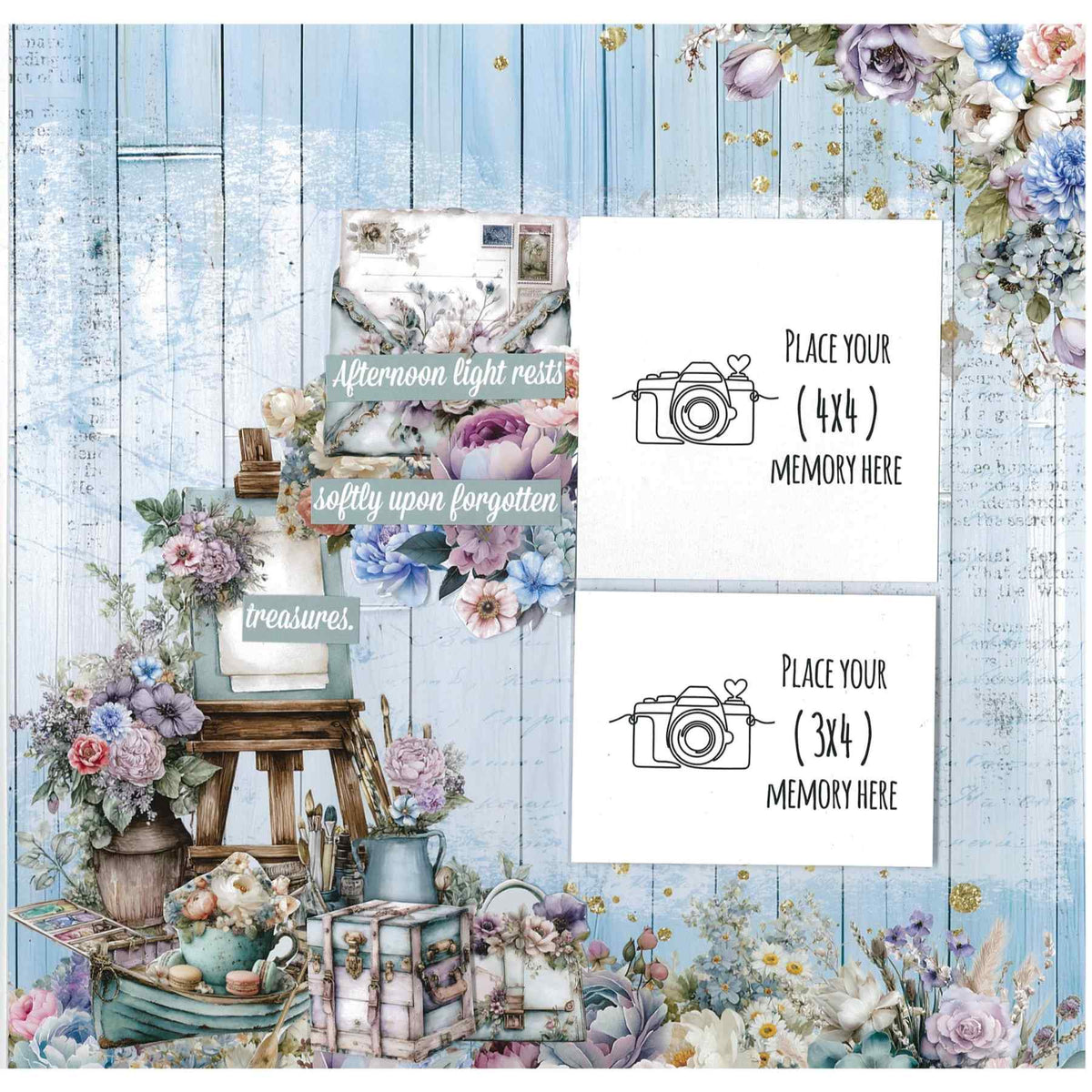 Cottage Reverie sample layout with two photo placeholders, an artist's easel, floral clusters and a nostalgic sentiment.
