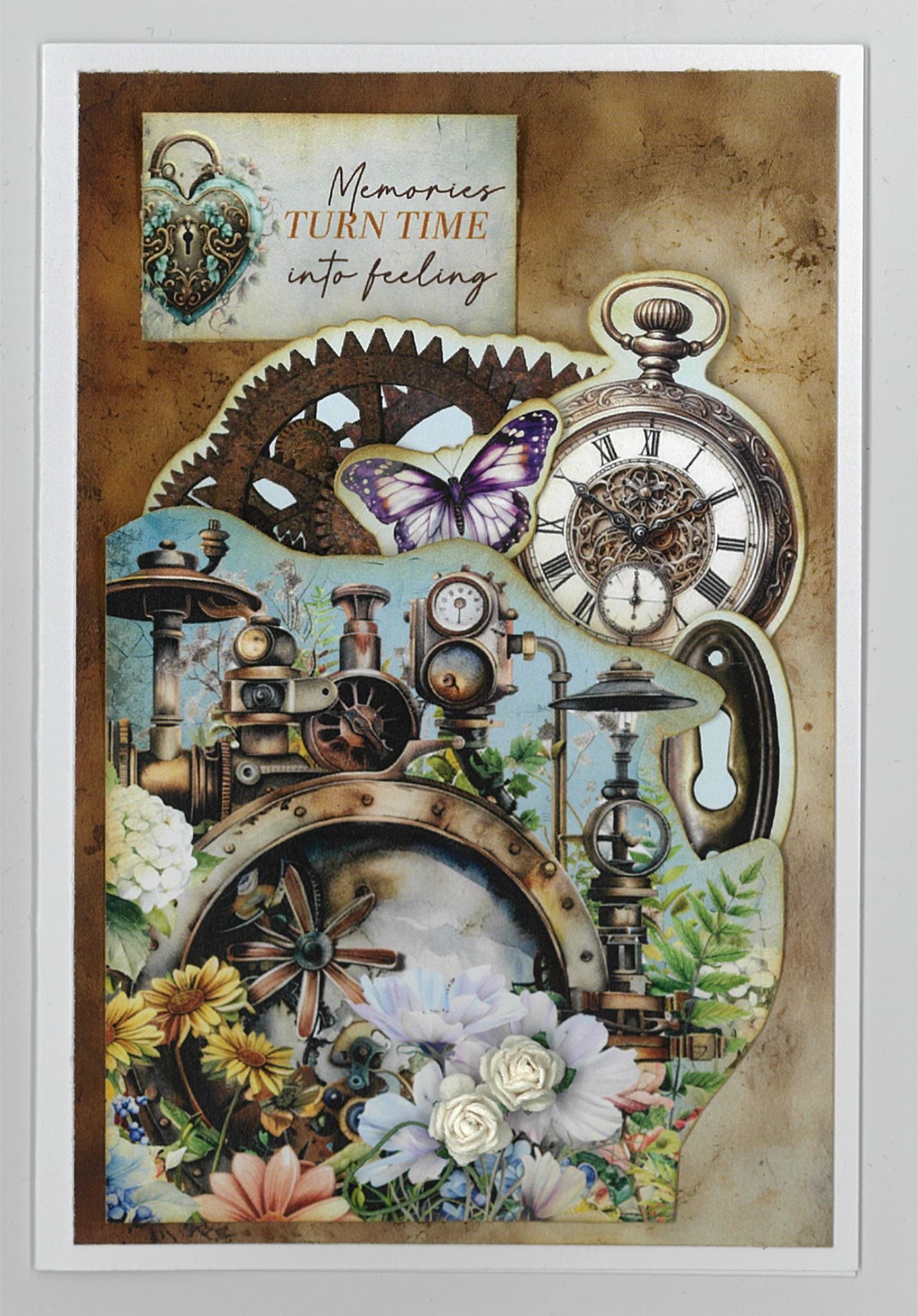 Floral Mechanica 6x4 Card Making Kit by 3Quarter Designs — portrait keepsake card with pocket watch, steampunk gears, purple butterfly, heart padlock, and mixed florals on a brown background