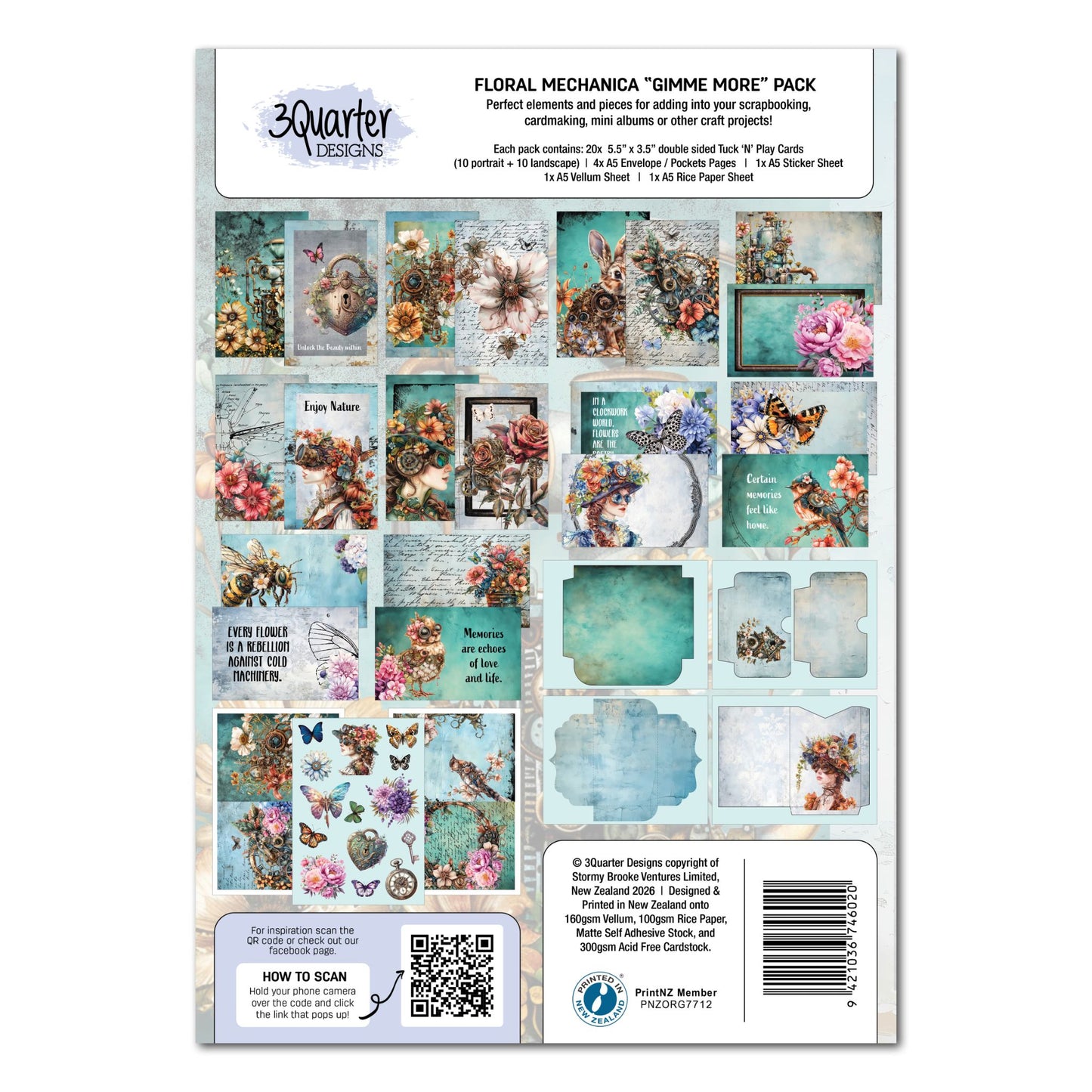 Floral Mechanica Gimme More Pack by 3Quarter Designs — back cover showing all 20 Tuck N Play card designs, envelope pages, sticker sheet, and full pack contents list
