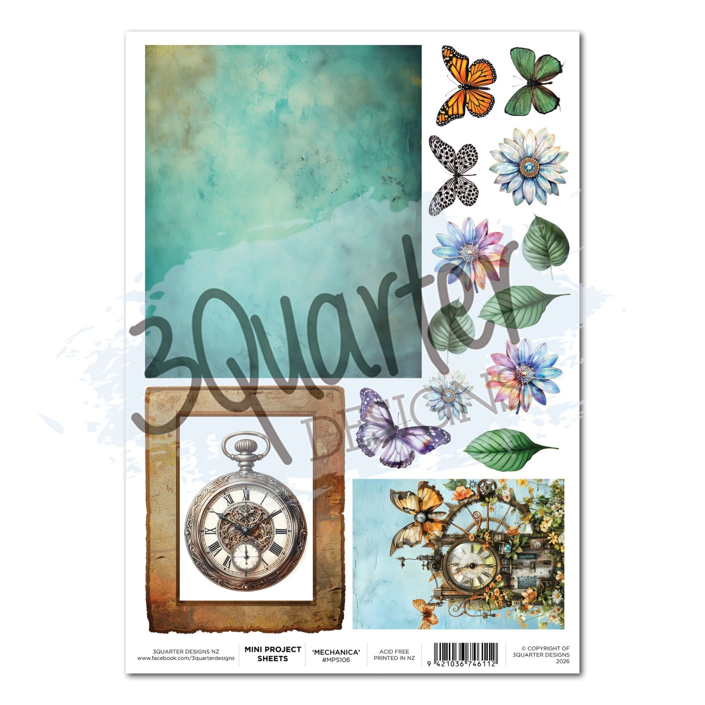 Floral Mechanica Mini Project Sheet A4 by 3Quarter Designs — fussy cut elements including teal distressed background panel, ornate silver pocket watch in vintage frame, steampunk clock tower scene, monarch, green, spotted, and purple butterflies, blue and pink daisies, and green leaves