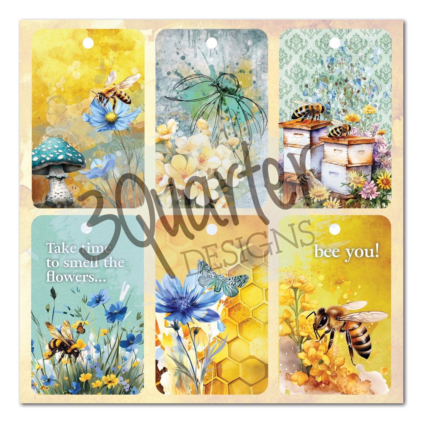 Honey Fields 8x8 tag page by 3Quarter Designs featuring tags with bees, wildflowers, beehives, honeycomb and sentiments including bee you and Take time to smell the flowers