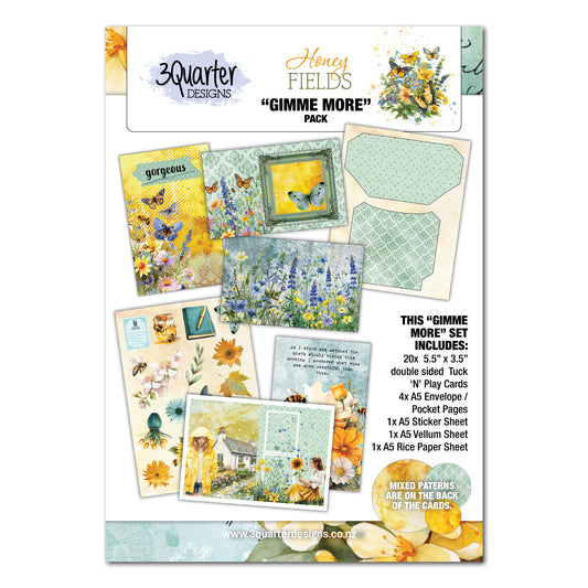 Honey Fields Gimme More Pack by 3Quarter Designs showing contents including double-sided cards, envelope pages, sticker sheet, vellum and rice paper with bee and floral designs