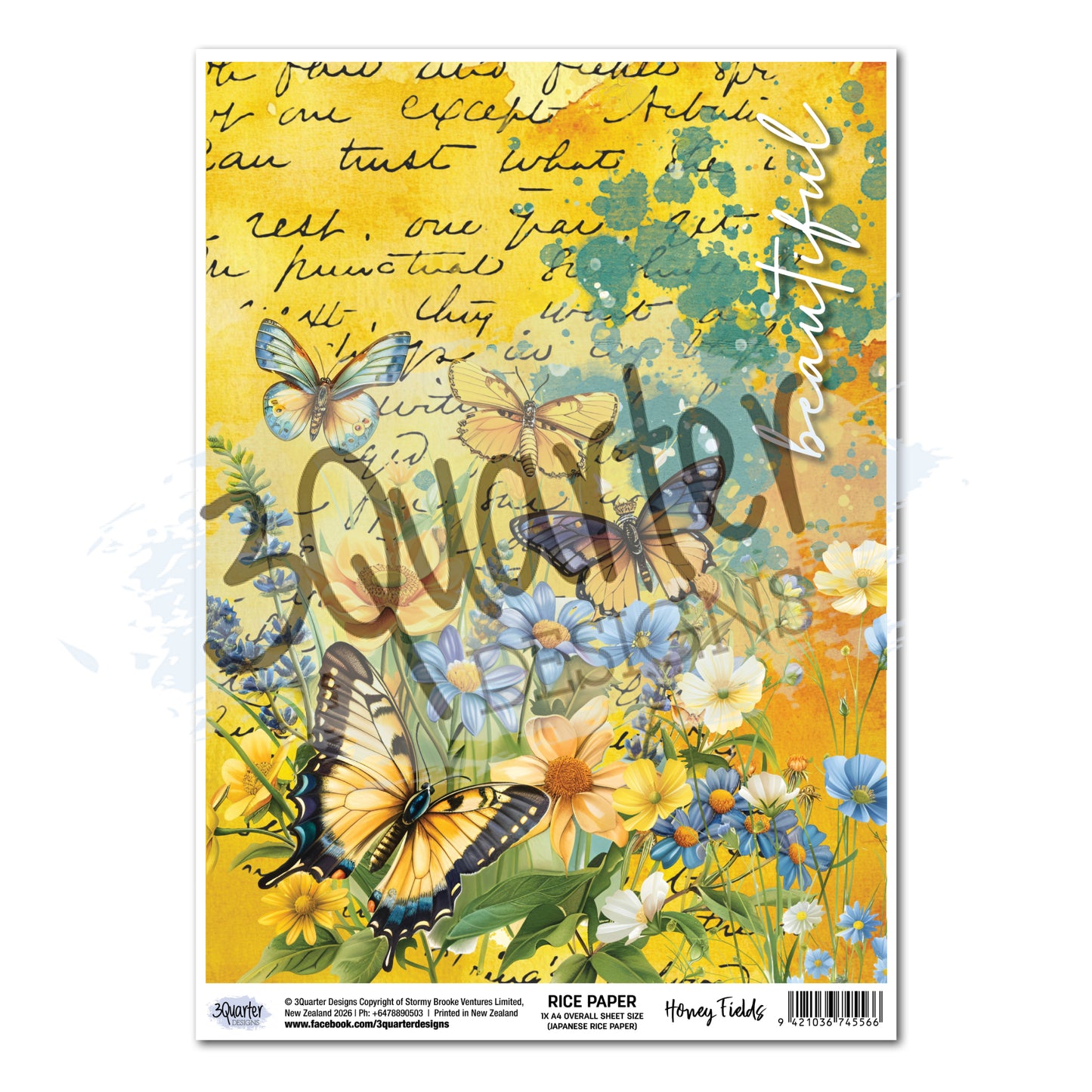 Honey Fields A4 rice paper by 3Quarter Designs featuring yellow butterflies, blue and yellow wildflowers and vintage script text on golden watercolour background