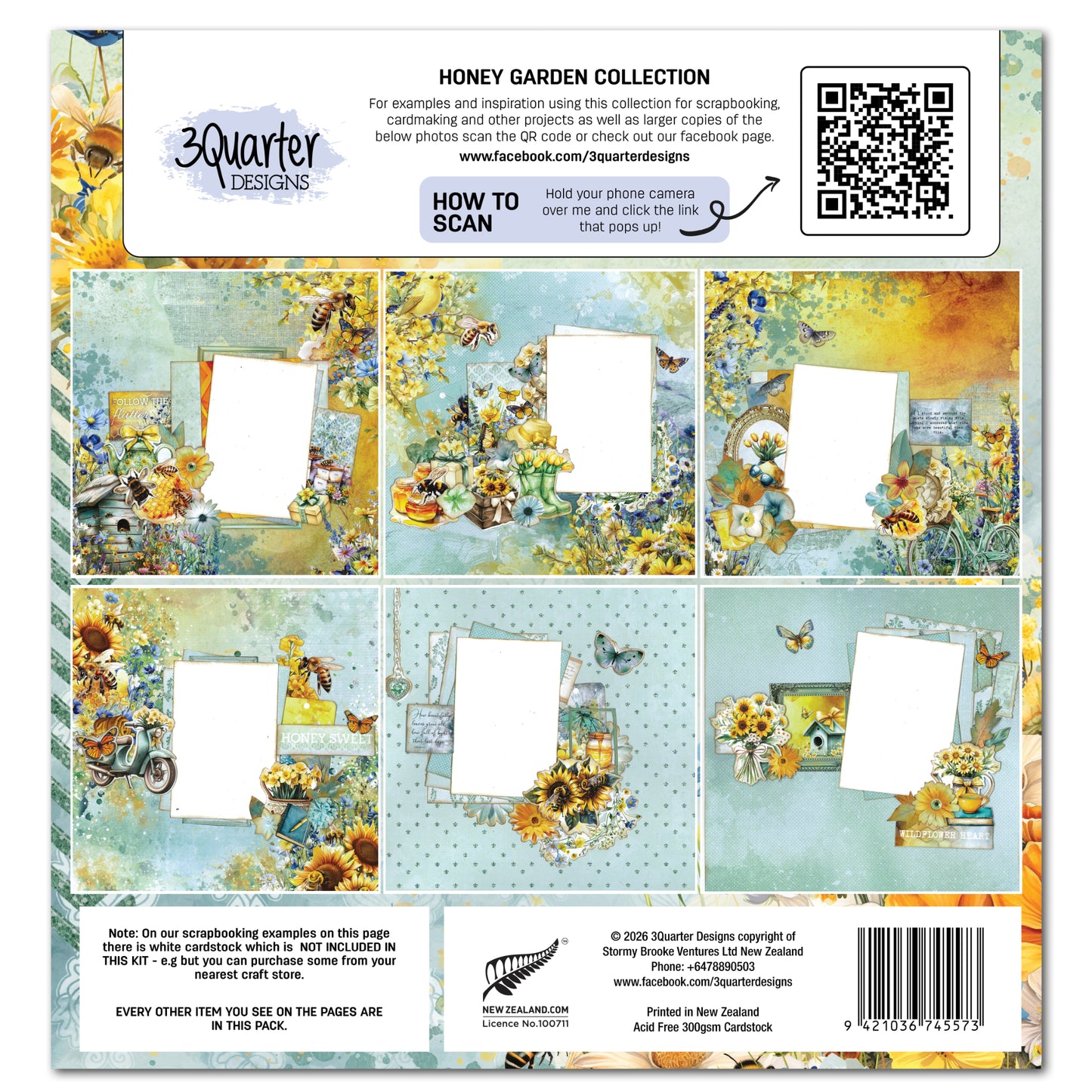 Honey Fields 12x12 Scrapbook Collection Kit by 3Quarter Designs showing back of package with six scrapbook layout examples featuring bees, wildflowers, butterflies and vintage garden elements with photo placement areas