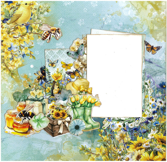 Honey Fields 12x12 scrapbook layout sample featuring sage polka dot and watercolour backgrounds with layered photo mat, yellow bird, bees, butterflies, honey jars, garden boots with yellow tulips, wooden crate with sunflowers and wildflower clusters