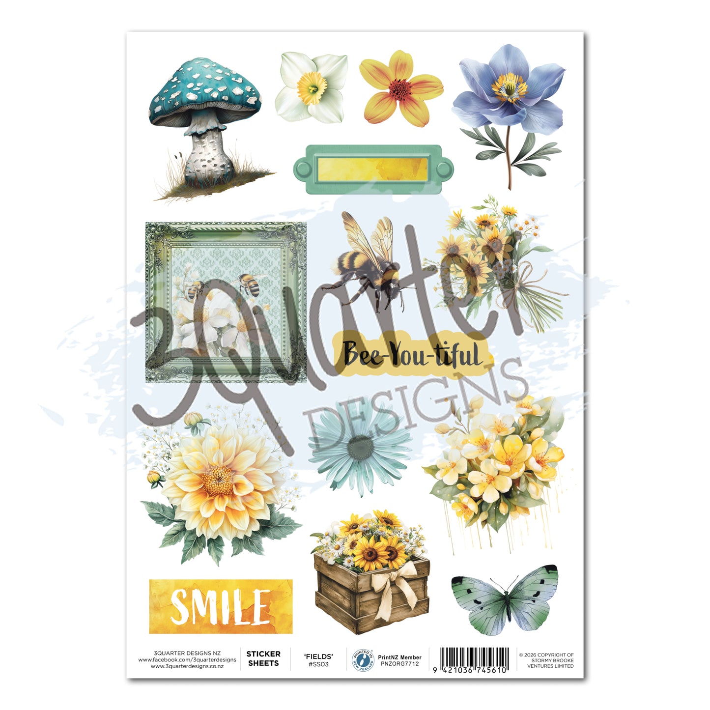 Honey Fields A4 sticker sheet by 3Quarter Designs featuring watercolour florals in yellow and blue, bees, mushroom, vintage frames, butterfly and Bee-You-tiful sentiment on white background.