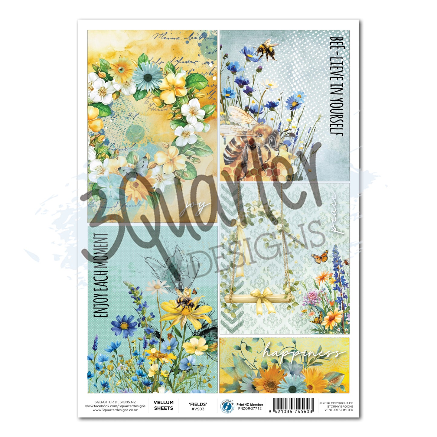 Honey Fields A4 vellum sheet by 3Quarter Designs featuring five translucent designs with watercolour florals, bees, wildflowers, vintage frames and sentiments including Bee-lieve in yourself and Be happy