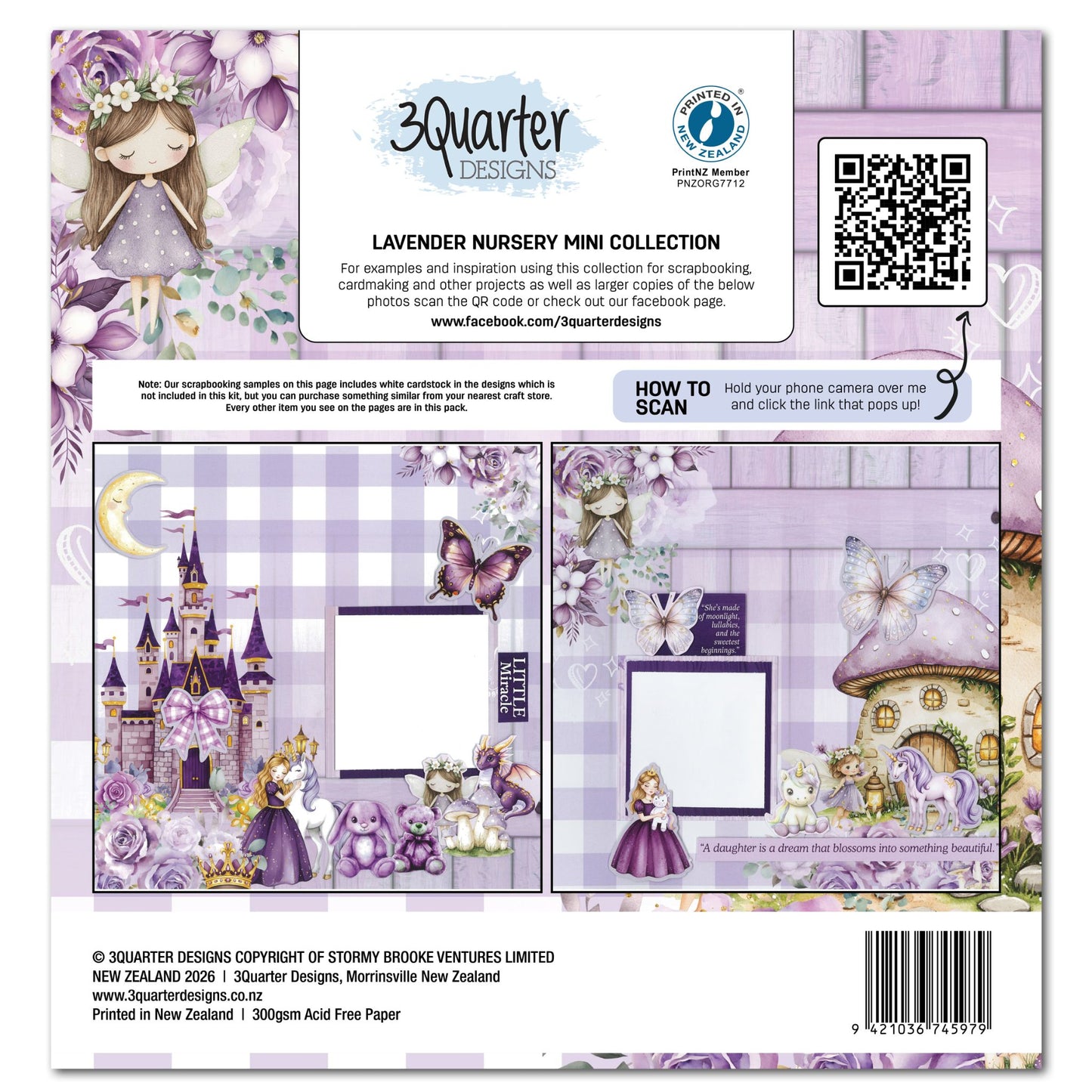 3Quarter Designs Lavender Nursery Mini Scrapbook Collection Kit reverse showing two sample double page scrapbook layouts featuring castle, fairy, mushroom house, butterfly and unicorn designs in lavender purple