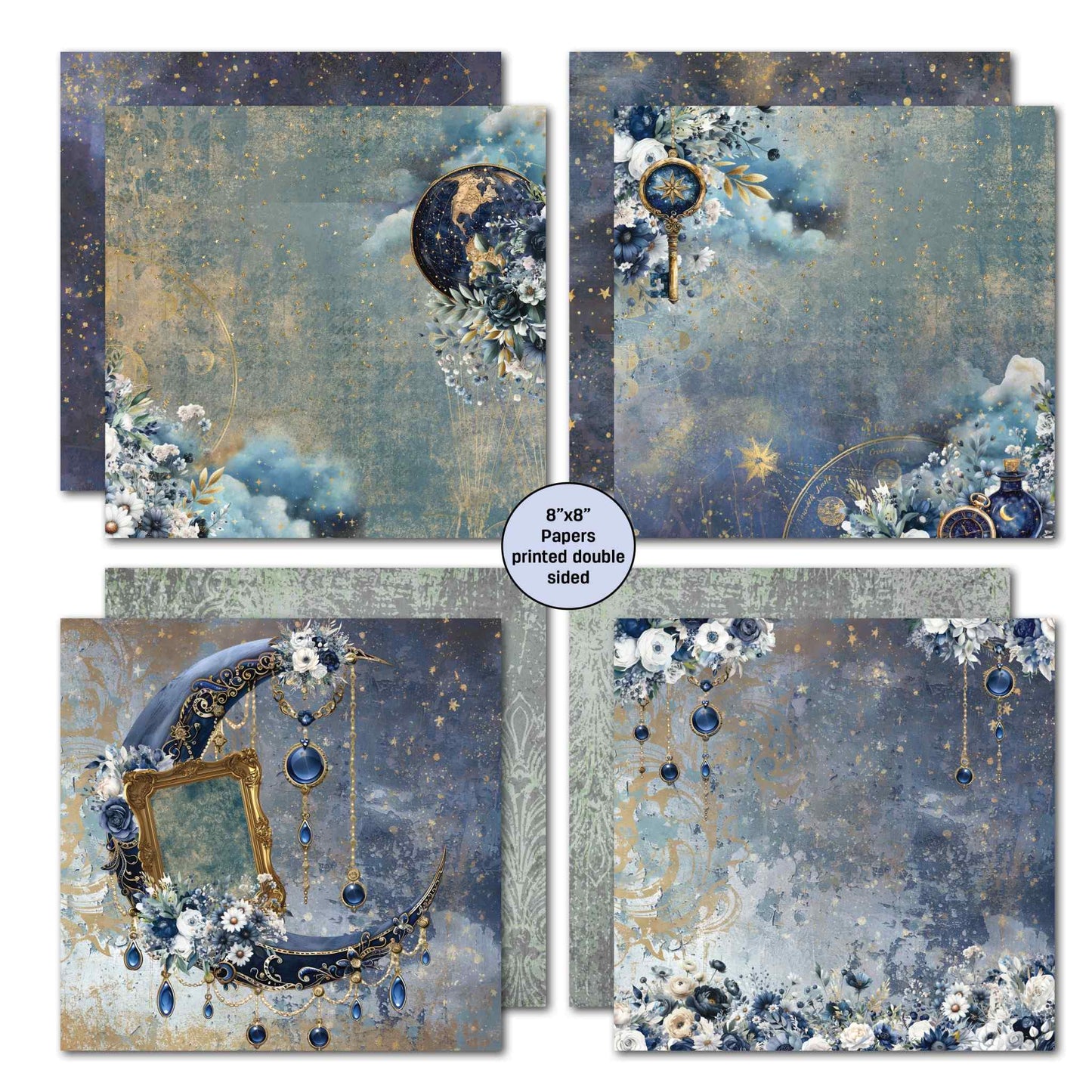 Lunar Horoscopes 8x8 papers showing globe moon, compass key, ornate crescent moon with sapphire drops and blue floral designs printed double sided