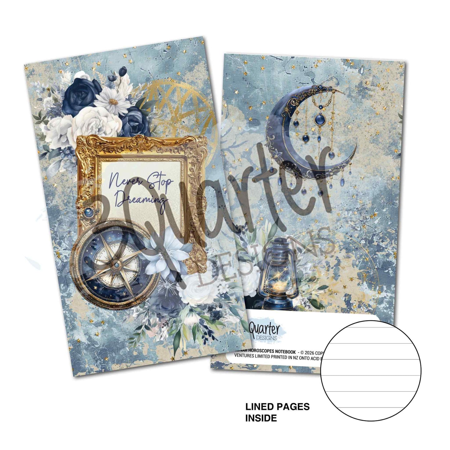 Lunar Horoscopes Mini Notebook showing front cover with gold compass, Never Stop Dreaming frame and navy florals, and back cover with jewelled crescent moon and lantern