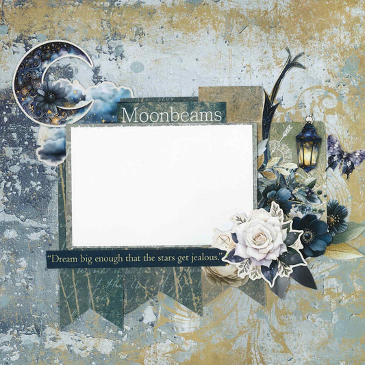 Lunar Horoscopes layout sample with crescent moon, lantern, butterfly, white roses and Moonbeams sentiment on teal and gold background