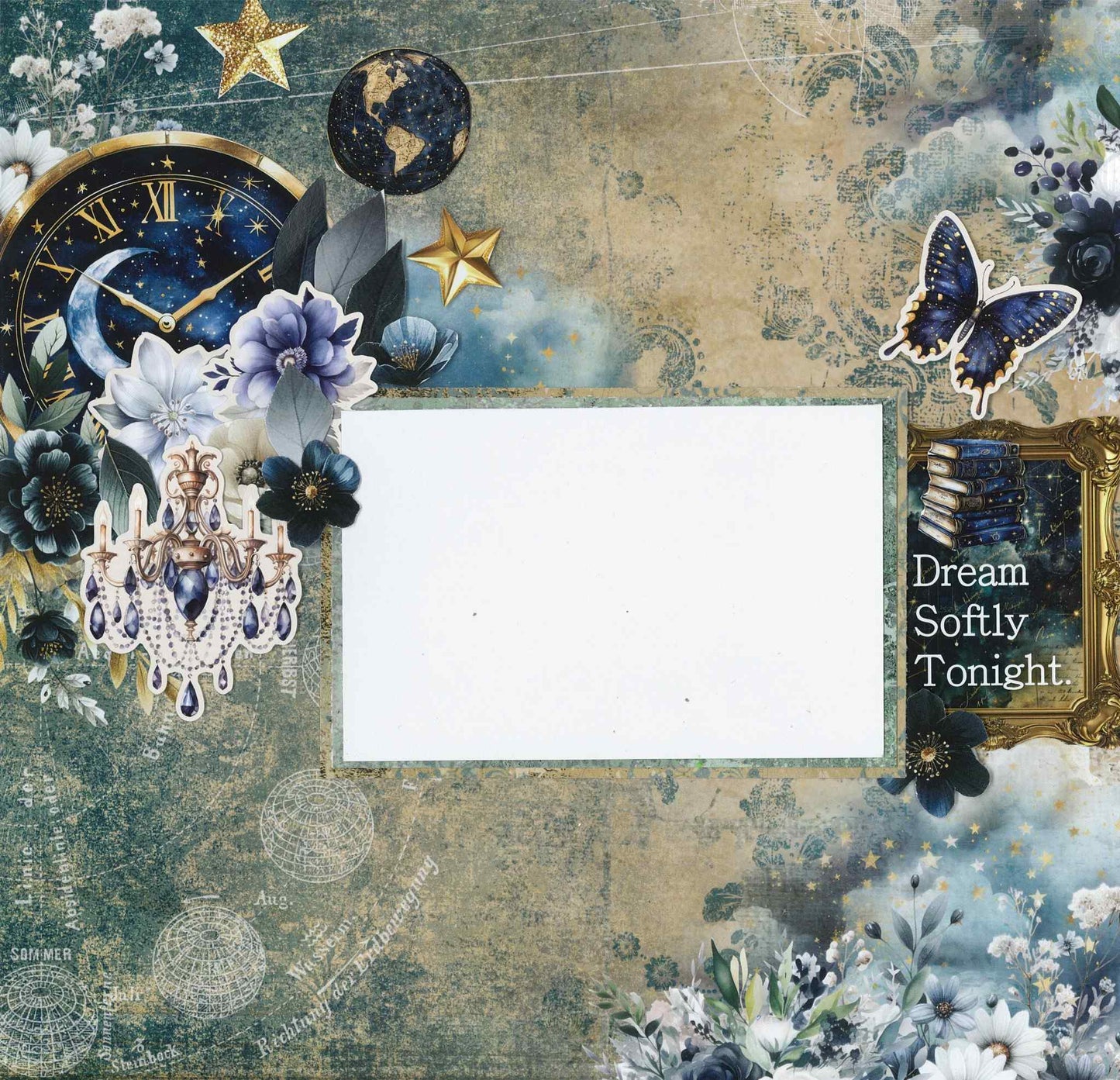 Lunar Horoscopes layout sample with clock, chandelier, globe, butterfly, blue florals and Dream Softly Tonight sentiment