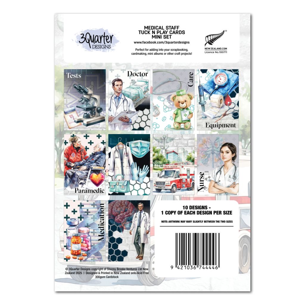 Back of 3Quarter Designs Medical Staff Tuck 'n' Play Cards showing all 10 card designs including Tests, Doctor, Care, Equipment, Paramedic, Nurse and Medication