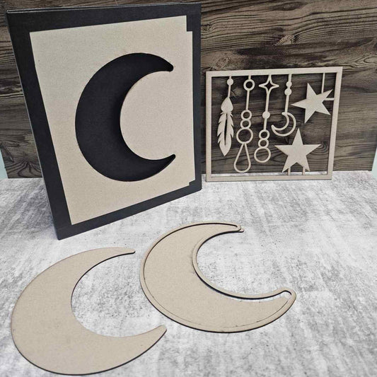 3Quarter Designs Moon Album Base Kit with square chipboard cover featuring moon cut-out and three crescent moon chipboard pieces
