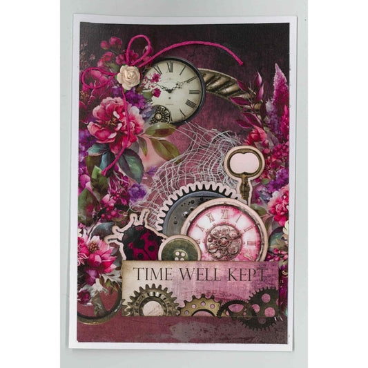 Handmade portrait card using Mrs Aeronaut kit with vintage clock face, cerise peonies, steampunk gears, lace and cerise bow, with Time Well Kept sentiment on deep plum floral background