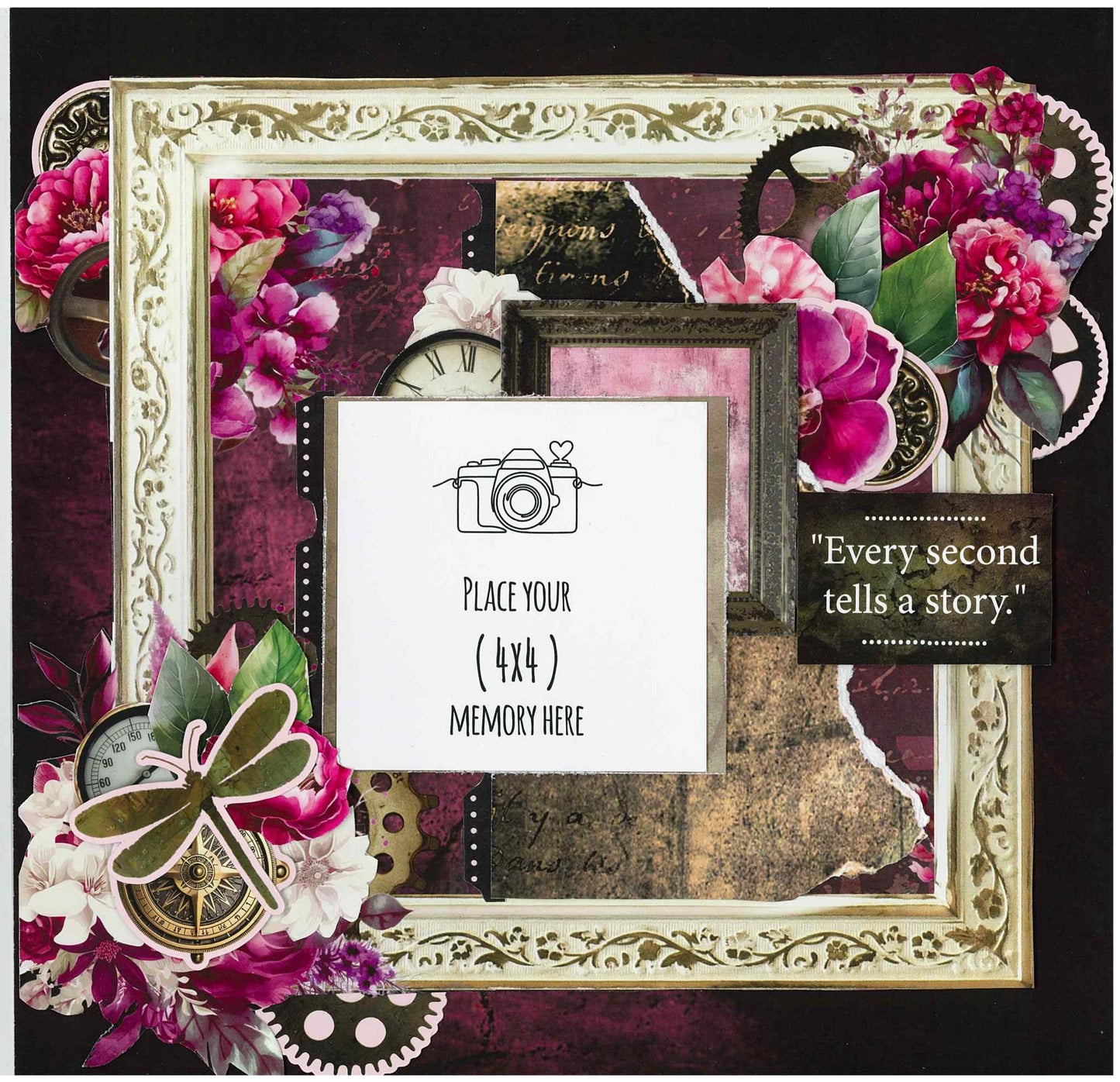 Sample 12x12 scrapbook layout using Mrs Aeronaut kit with a 4x4 photo mat, ornate cream frame diecut, steampunk dragonfly, brass compass, vintage clock, cerise and purple florals, steampunk gears and Every Second Tells a Story sentiment on deep plum background
