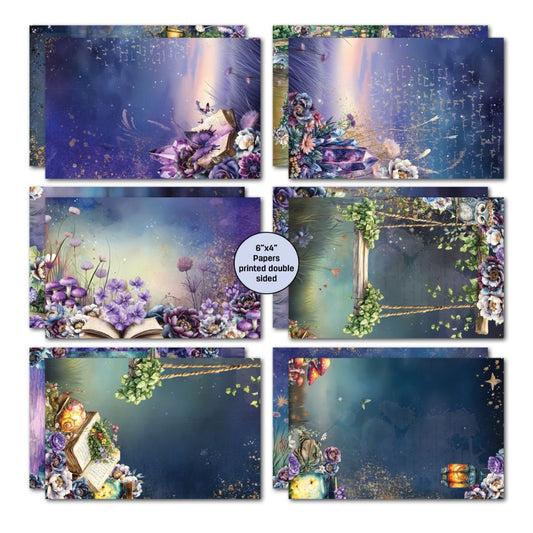 Six 6x4 double-sided decorative papers with fantasy-themed designs including lanterns, crystals, books, and floral elements in rich purples and blues.