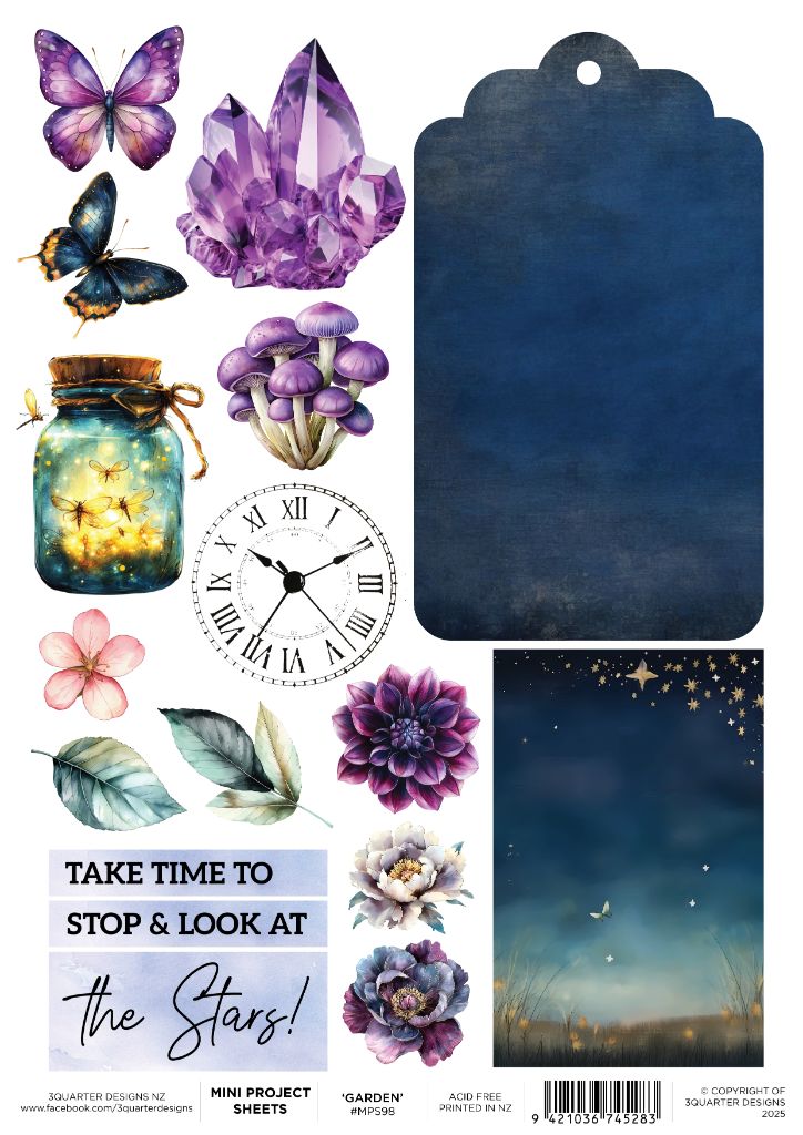 Collection of decorative elements including butterflies, crystals, mushrooms, a clock, flowers, and a tag with text that reads "Take time to stop & look at the Stars!".