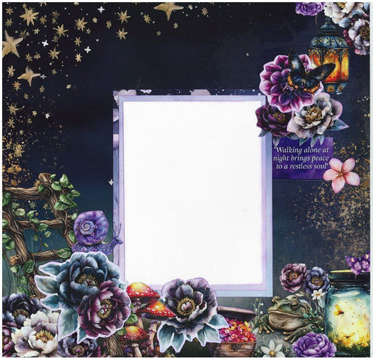 Whimsical scrapbook page with frog, snail, lantern, fireflies, and quote about walking alone at night