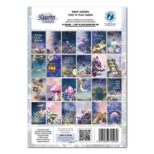 Collage of tuck 'n play cards with various designs on a white background. Images include books, flowers, mushrooms, moons, butterflies and other garden inspired images in purple and pink tones.