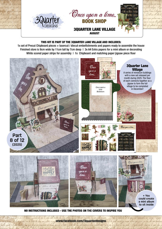 Front cover of the 3Quarter Lane Once Upon a Time Book Shop kit showing the assembled miniature bookshop with aged script facade, arched window, Once Upon a Time signage, potted plants, reading chair, and book display stand