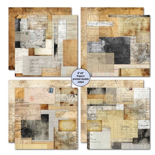 Paper Tales 8x8 double-sided scrapbook papers showing warm sepia postcard, handwriting collage, ledger and charcoal document designs printed double sided