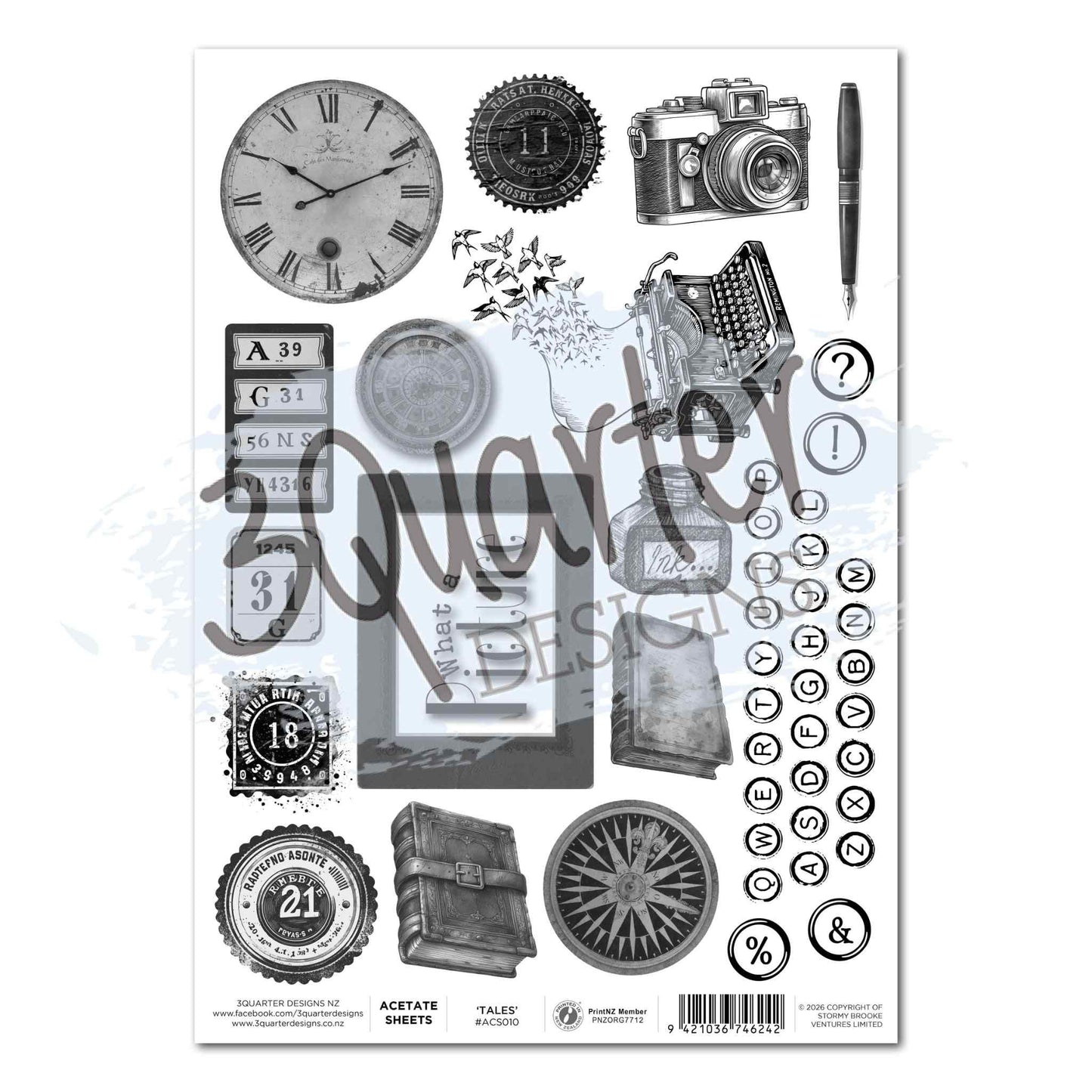 3Quarter Designs Paper Tales A4 Acetate Sheet showing greyscale cut-apart elements including large clock face, film camera, vintage typewriter, fountain pen, compass rose, ink bottle, leather book, postage stamp, number tags and full typewriter key alphabet set on clear acetate