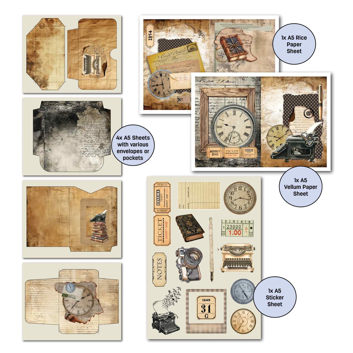 Paper Tales Gimme More Pack extras showing 4 A5 envelope and pocket pages with typewriter and clock designs, A5 vellum sheet with vintage collage, and A5 sticker sheet with clocks, cameras, typewriters, tickets and compass elements