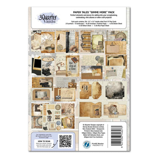 3Quarter Designs Paper Tales Gimme More Pack packaging back showing all 20 Tuck N Play card designs, 4 pocket pages, sticker sheet and specialty sheets with full contents list