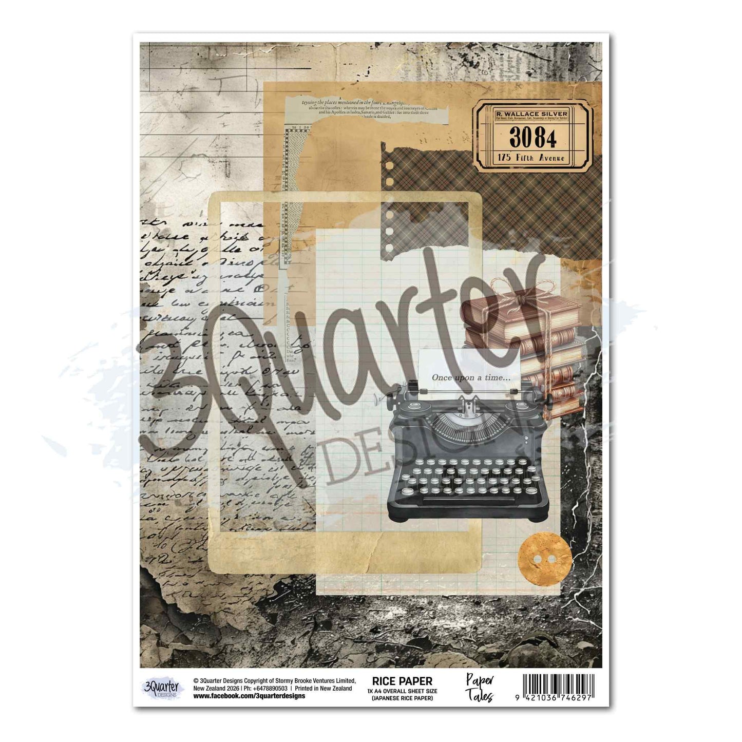 3Quarter Designs Paper Tales A4 rice paper showing vintage typewriter with Once Upon a Time paper, stacked leather books, aged handwriting, film strip, plaid and numbered railway ticket collage on sepia and charcoal background