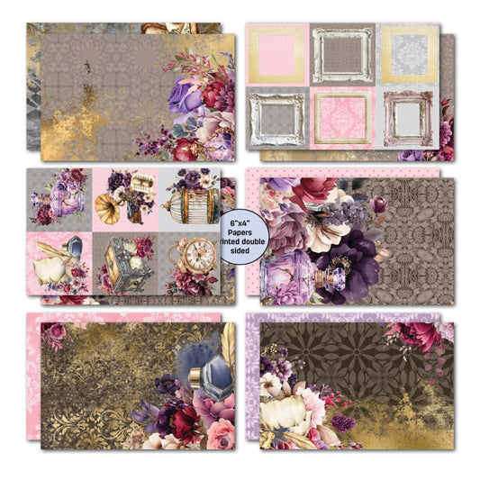 Petal Serenade 6x4 papers with vintage florals, frames, perfume bottles, and textured backgrounds