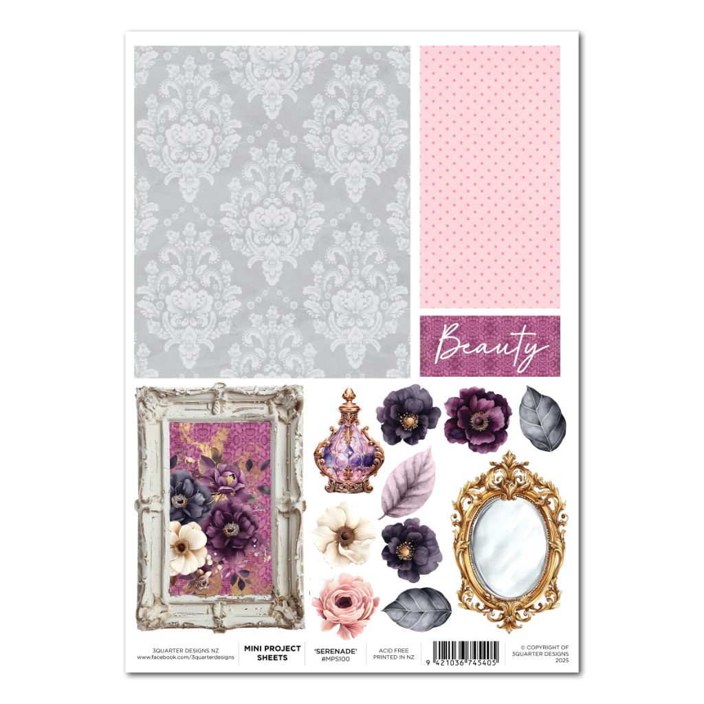 Petal Serenade mini project sheet with patterned backgrounds, florals, ornate frames, and vintage embellishments