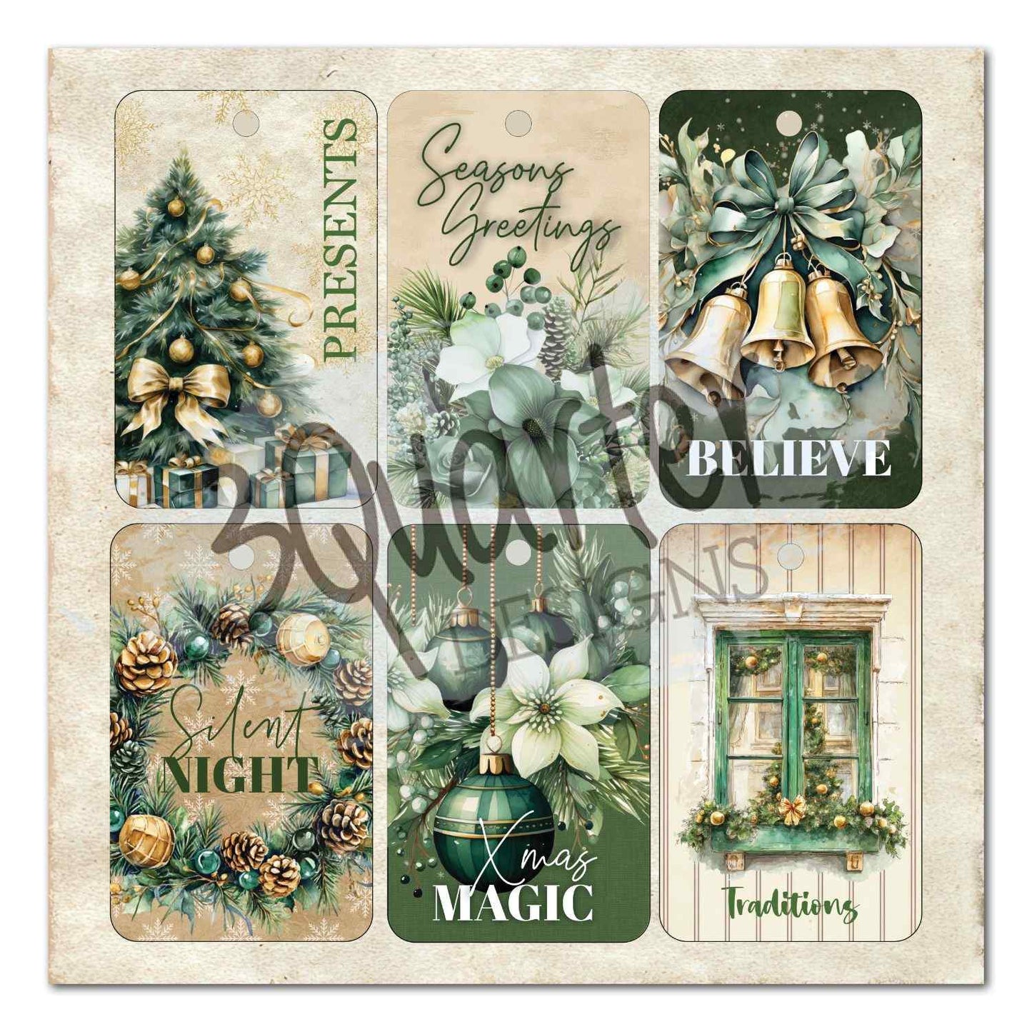 Pine Festivities 8x8 gift tag page showing 6 tags: Presents with Christmas tree, Seasons Greetings with florals, Believe with bells, Silent Night with pine cones, Xmas Magic with bauble, and Traditions with green window