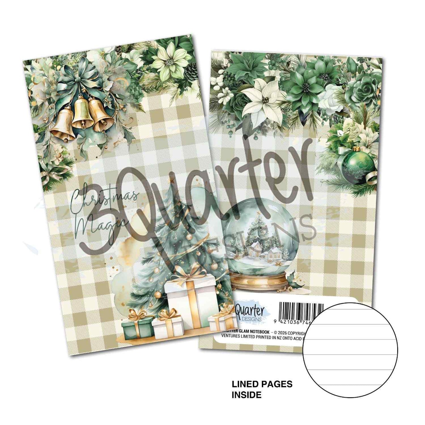 Pine Festivities Mini Notebook — Christmas Magic cover with snow globe, bells, gifts and buffalo check